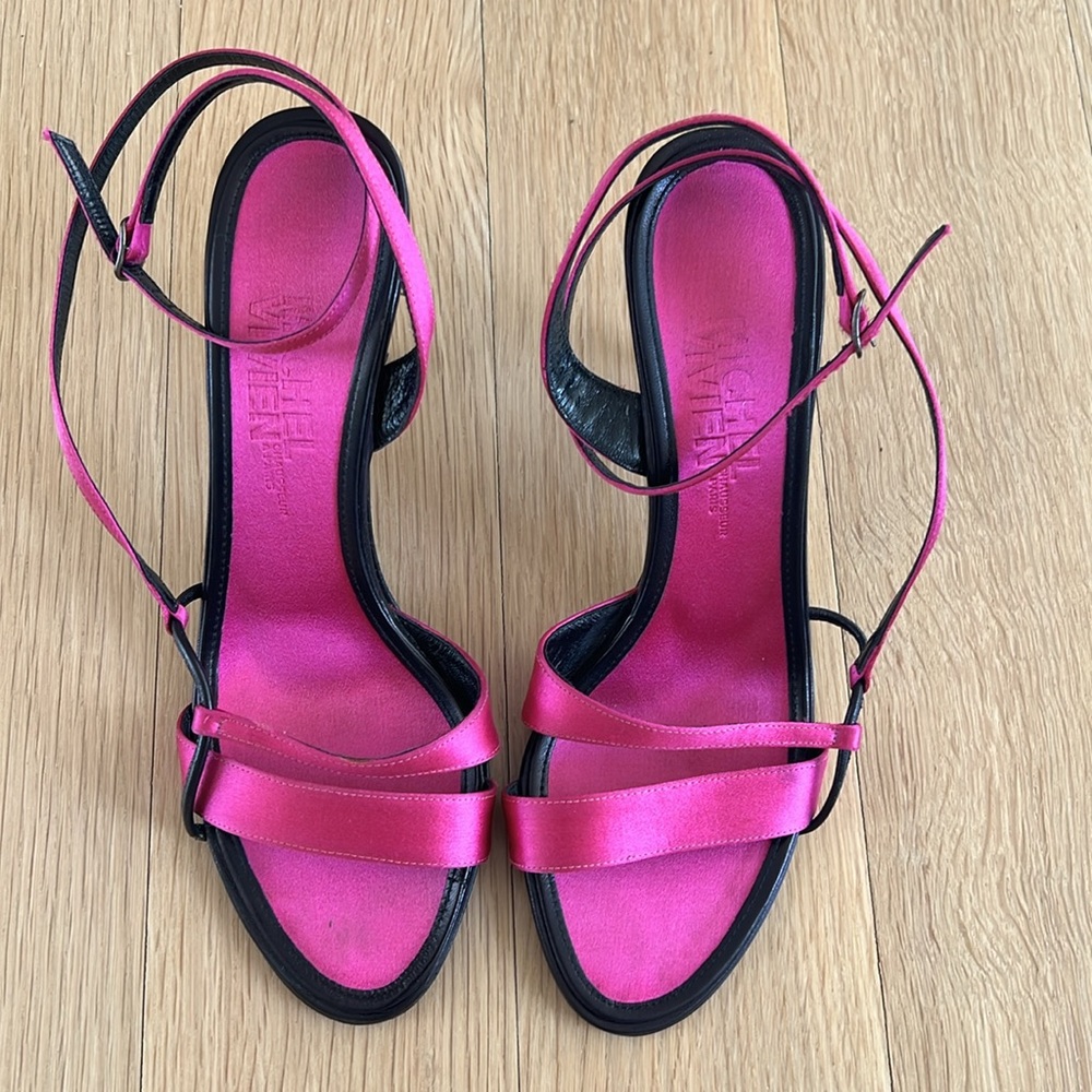 Michel Vivien Pink Satin & Black Leather Sandals Heels Made in Italy Size 39